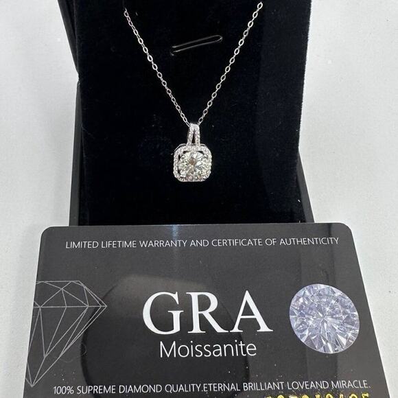 GRA Moissanite Diamond Necklace 2 Ct Pendant Chain Fine Jewelry Halo S925 - Picture 1 of 12